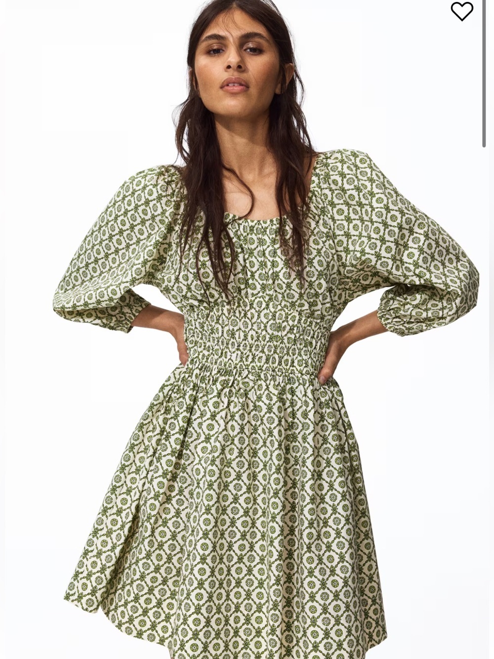 NWT!!! H & M- Green Printed Puff-Sleeve Women's Dress, XS